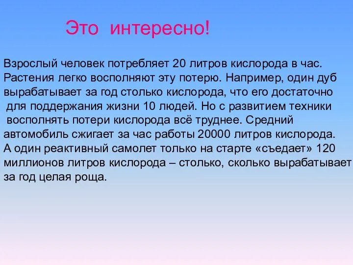 Это интересно! Взрослый человек потребляет 20 литров кислорода в час.