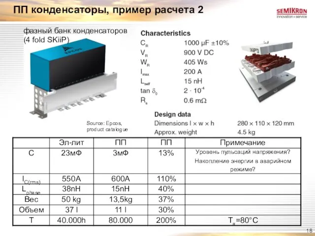 ПП конденсаторы, пример расчета 2 фазный банк конденсаторов (4 fold SKiiP) Source: Epcos, product catalogue