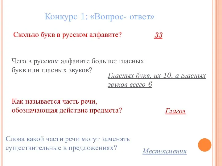 Конкурс 1: «Вопрос- ответ» Сколько букв в русском алфавите? Чего