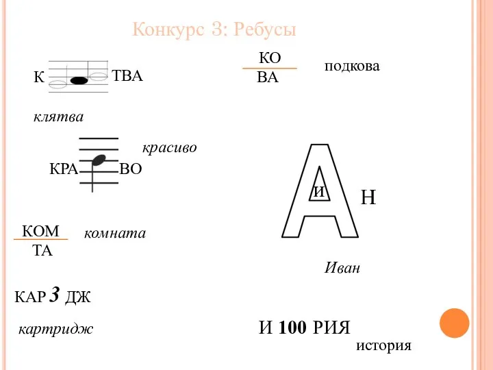 Конкурс 3: Ребусы К КРА ТВА ВО КОМ ТА Н