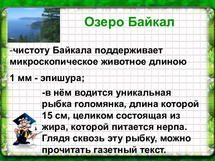 Озеро Байкал Озеро Байкал -чистоту Байкала поддерживает микроскопическое животное длиною 1 мм -