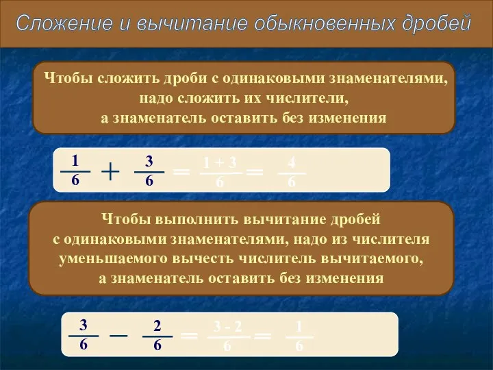 Чтобы сложить дроби с одинаковыми знаменателями, надо сложить их числители, а знаменатель оставить