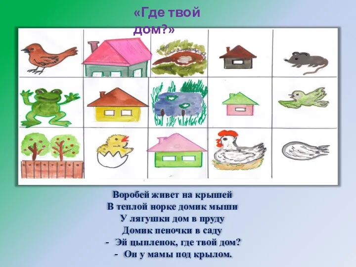 Воробей живет на крышей В теплой норке домик мыши У