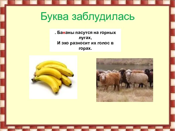 Буква заблудилась . Бананы пасутся на горных лугах, И эхо разносит их голос в горах.