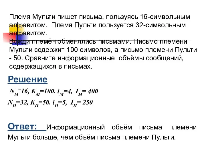 Племя Мульти пишет письма, пользуясь 16-символьным алфавитом. Племя Пульти пользуется