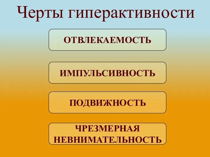 Черты гиперактивности ОТВЛЕКАЕМОСТЬ ИМПУЛЬСИВНОСТЬ ПОДВИЖНОСТЬ ЧРЕЗМЕРНАЯ НЕВНИМАТЕЛЬНОСТЬ