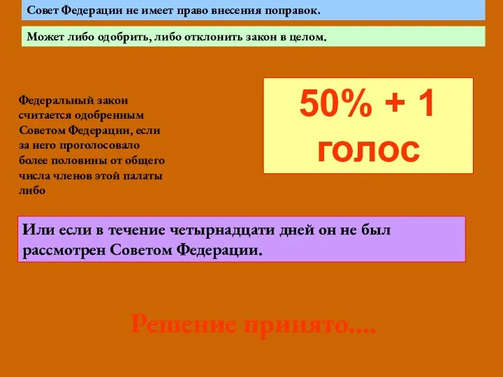 Федеральный закон считается одобренным Советом Федерации, если за него проголосовало