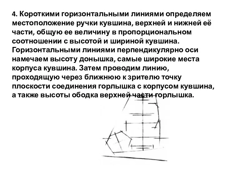 4. Короткими горизонтальными линиями определяем местоположение ручки кувшина, верхней и