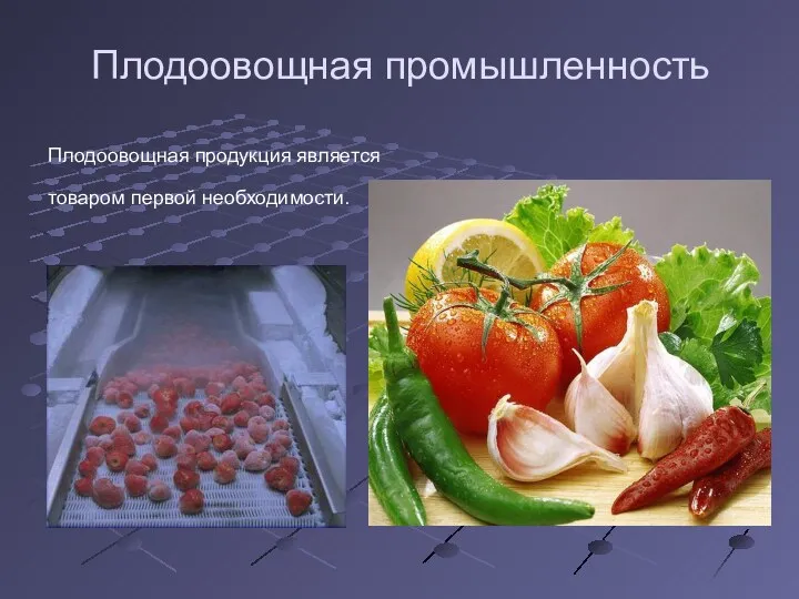 Плодоовощная промышленность Плодоовощная продукция является товаром первой необходимости.