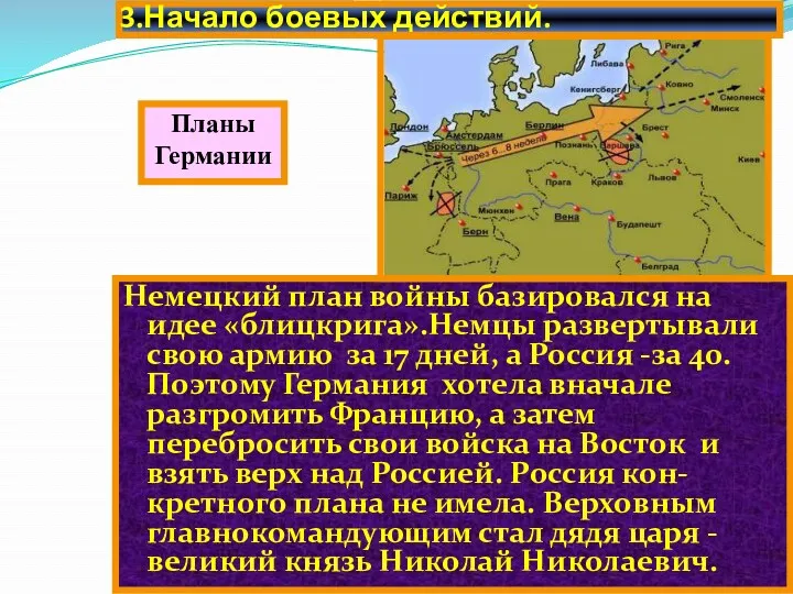 3.Начало боевых действий. Немецкий план войны базировался на идее «блицкрига».Немцы