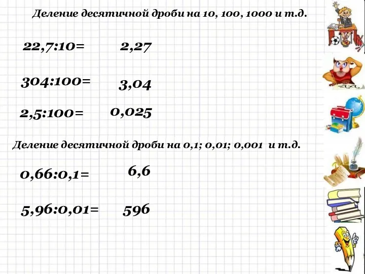 Деление десятичной дроби на 10, 100, 1000 и т.д. 22,7:10= 2,27 304:100= 3,04