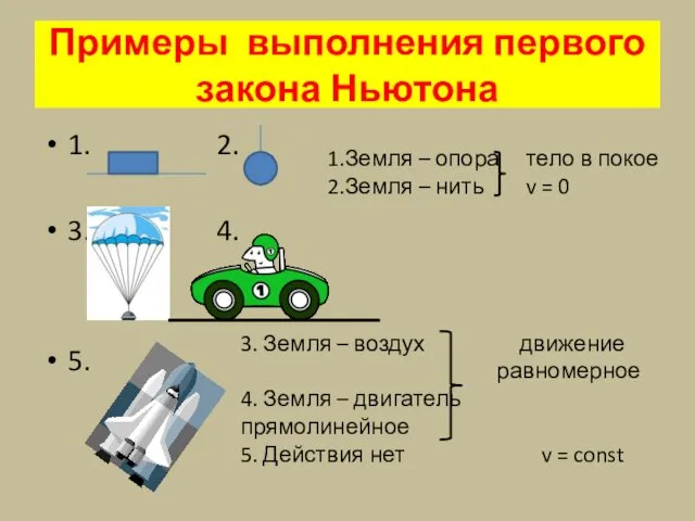 Примеры выполнения первого закона Ньютона 1. 2. 3. 4. 5.