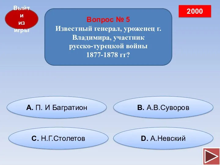 Выйти из игры 2000 Вопрос № 5 Известный генерал, уроженец