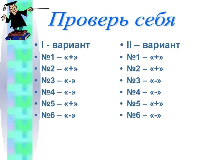 I - вариант №1 – «+» №2 – «+» №3