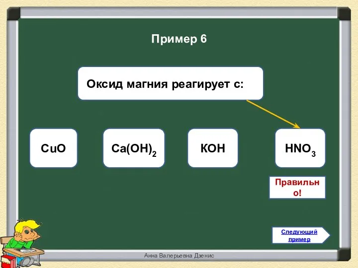 Правильно! HNO3 CuO КОН Ca(OH)2 Следующий пример Пример 6 Анна Валерьевна Дзенис