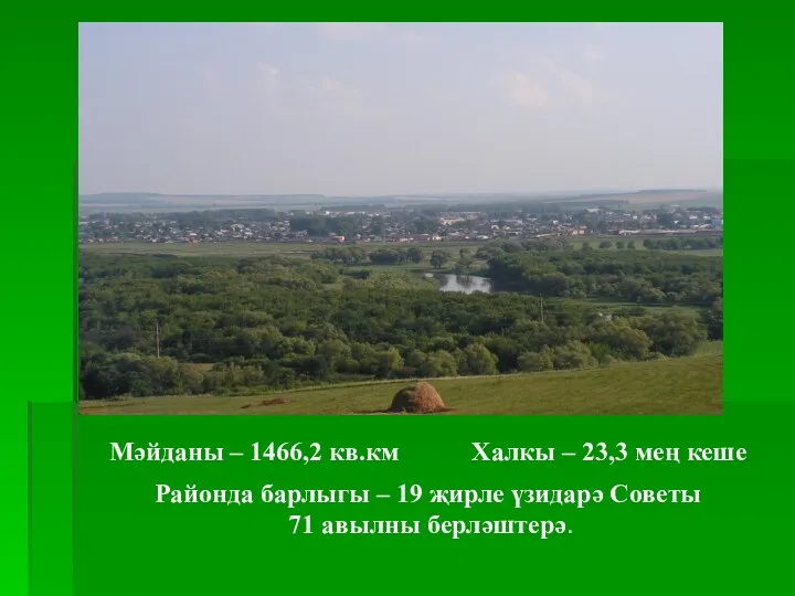 Мәйданы – 1466,2 кв.км Халкы – 23,3 мең кеше Районда