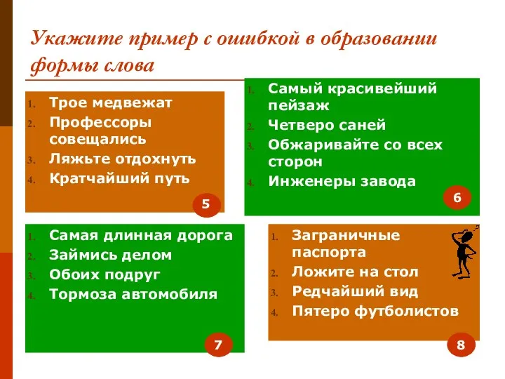 Укажите пример с ошибкой в образовании формы слова Трое медвежат