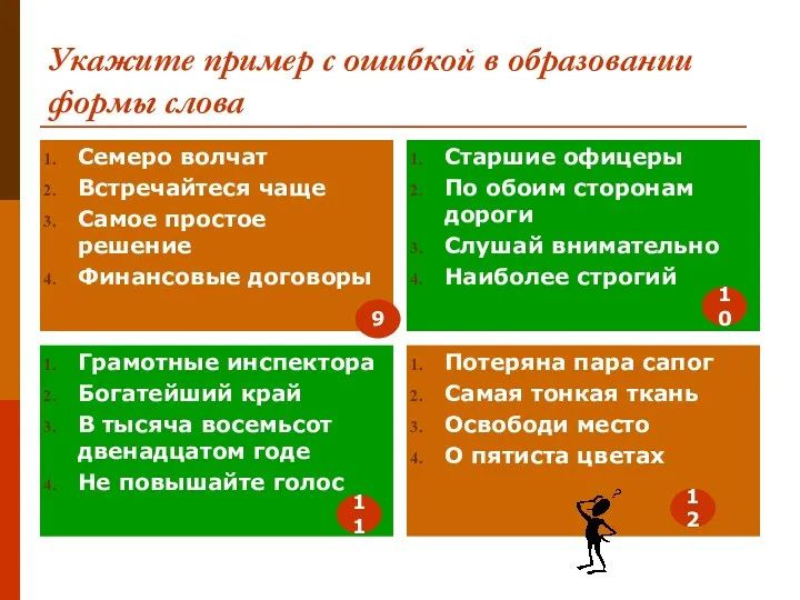 Укажите пример с ошибкой в образовании формы слова Семеро волчат