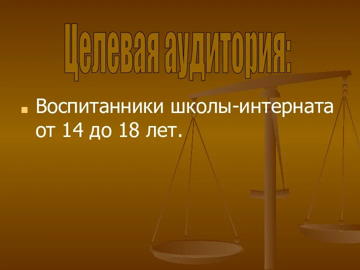 Воспитанники школы-интерната от 14 до 18 лет. Целевая аудитория: