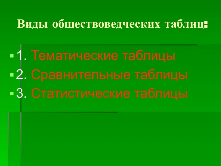 Виды обществоведческих таблиц: 1. Тематические таблицы 2. Сравнительные таблицы 3. Статистические таблицы