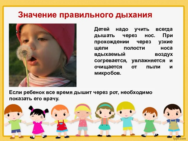 Значение правильного дыхания Детей надо учить всегда дышать через нос. При прохождении через