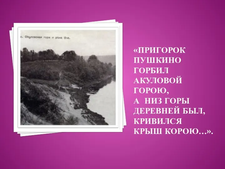 «Пригорок Пушкино горбил Акуловой горою, А низ горы деревней был, кривился крыш корою…».