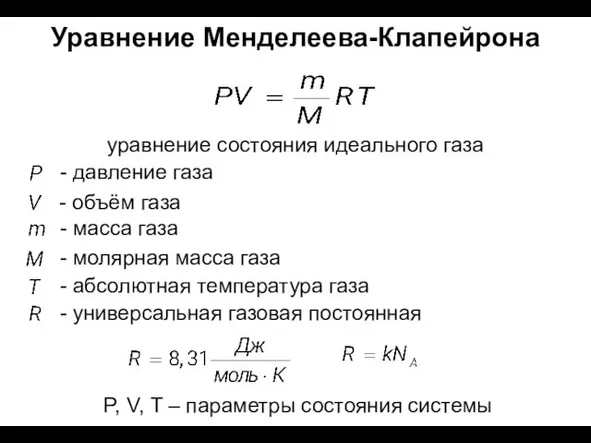 Уравнение Менделеева-Клапейрона уравнение состояния идеального газа - давление газа -