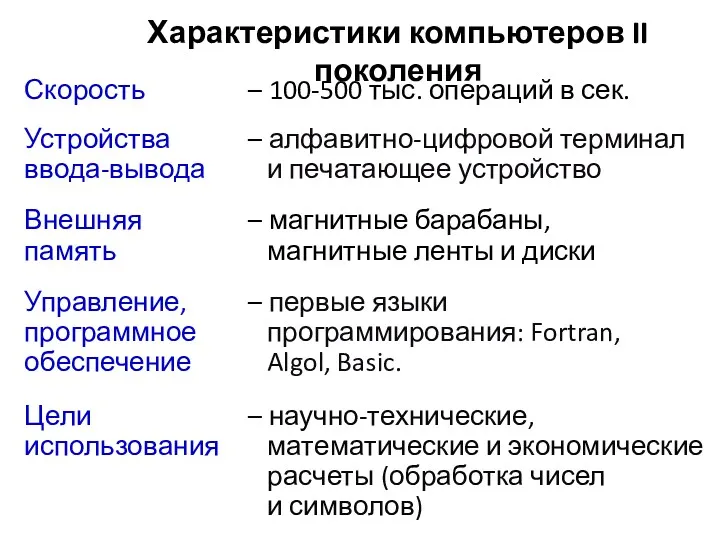 Характеристики компьютеров II поколения