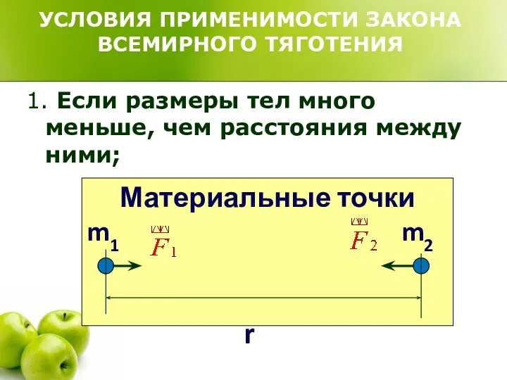 УСЛОВИЯ ПРИМЕНИМОСТИ ЗАКОНА ВСЕМИРНОГО ТЯГОТЕНИЯ 1. Если размеры тел много