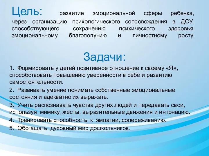 Цель: развитие эмоциональной сферы ребенка, через организацию психологического сопровождения в