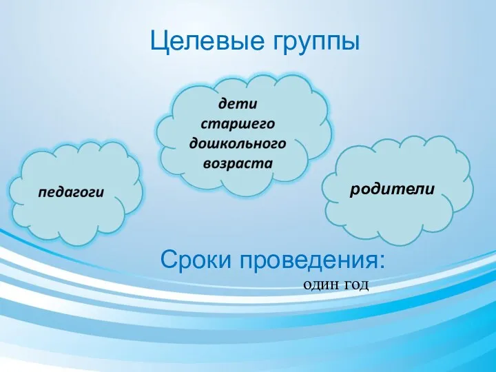 Целевые группы Сроки проведения: один год родители