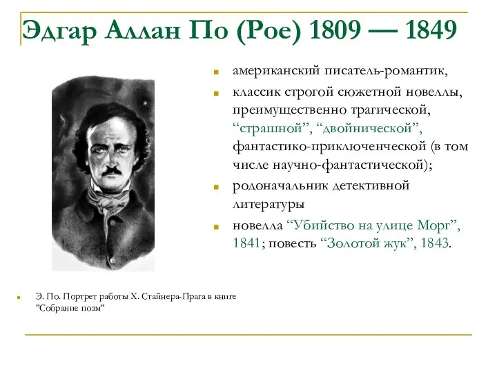 Эдгар Аллан По (Poe) 1809 — 1849 Э. По. Портрет