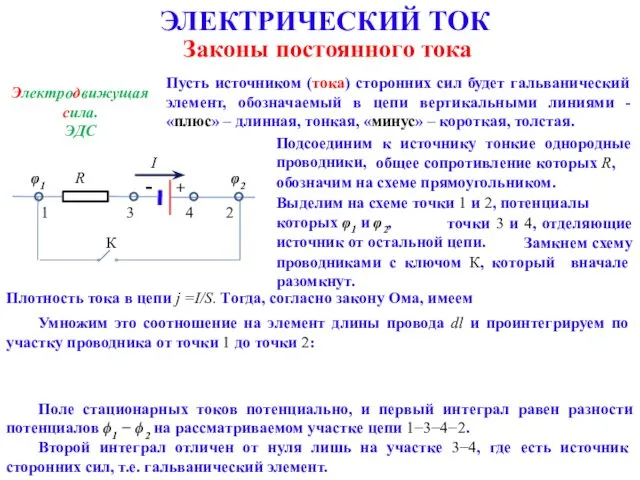 ЭЛЕКТРИЧЕСКИЙ ТОК Законы постоянного тока Электродвижущая сила. ЭДС Пусть источником (тока) сторонних сил