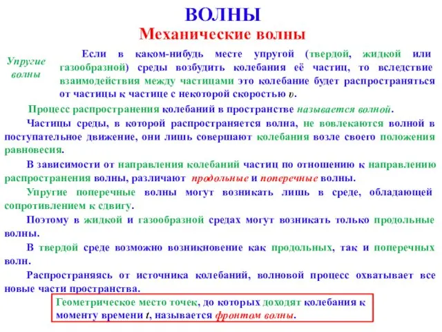 ВОЛНЫ Механические волны Упругие волны Если в каком-нибудь месте упругой (твердой, жидкой или