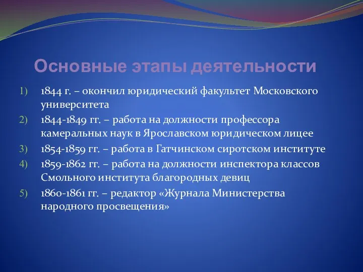 Основные этапы деятельности 1844 г. – окончил юридический факультет Московского