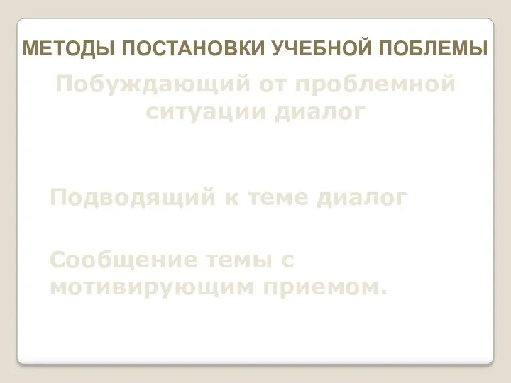 МЕТОДЫ ПОСТАНОВКИ УЧЕБНОЙ ПОБЛЕМЫ Побуждающий от проблемной ситуации диалог Подводящий