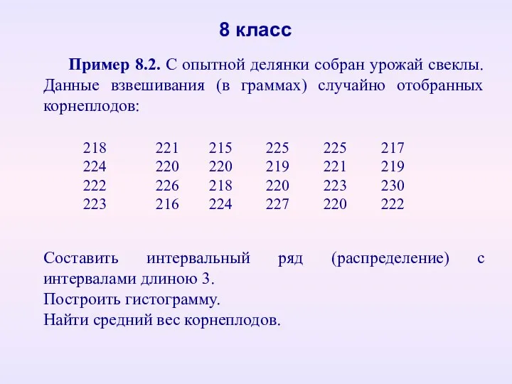 Пример 8.2. С опытной делянки собран урожай свеклы. Данные взвешивания (в граммах) случайно