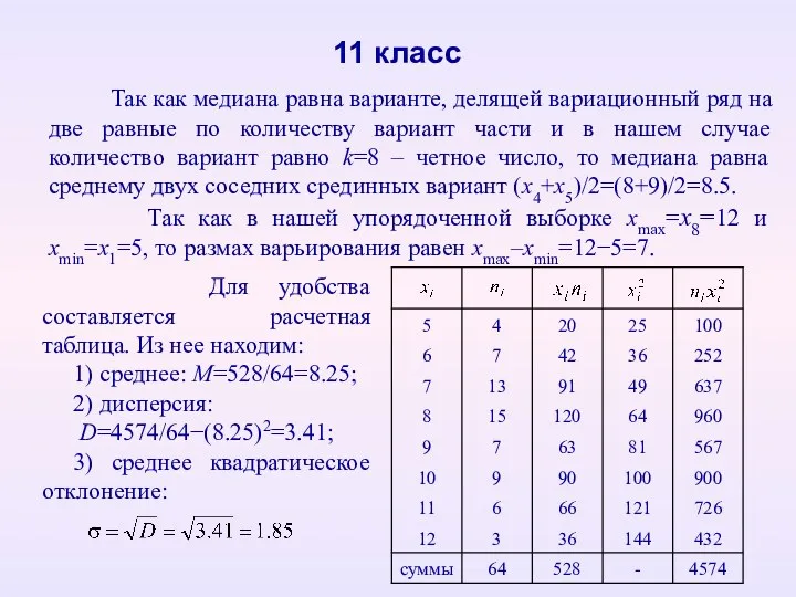 11 класс Так как медиана равна варианте, делящей вариационный ряд