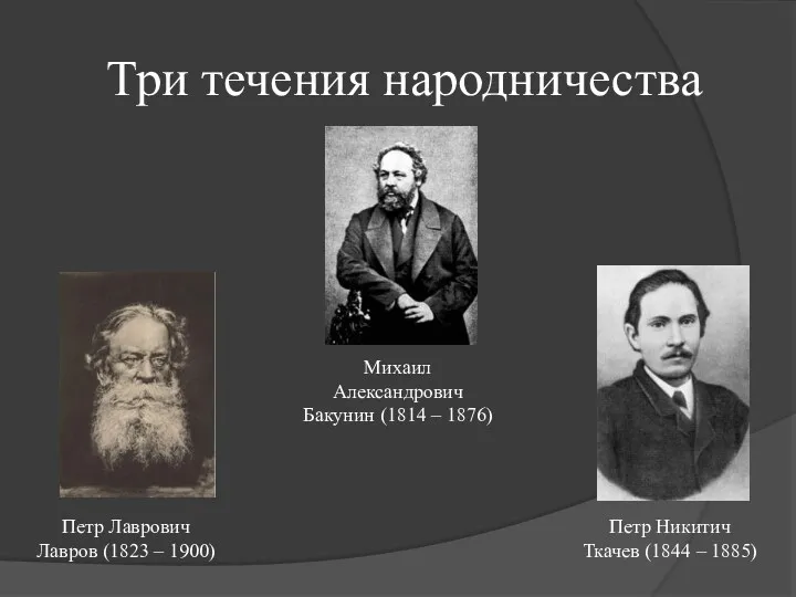 Три течения народничества Михаил Александрович Бакунин (1814 – 1876) Петр