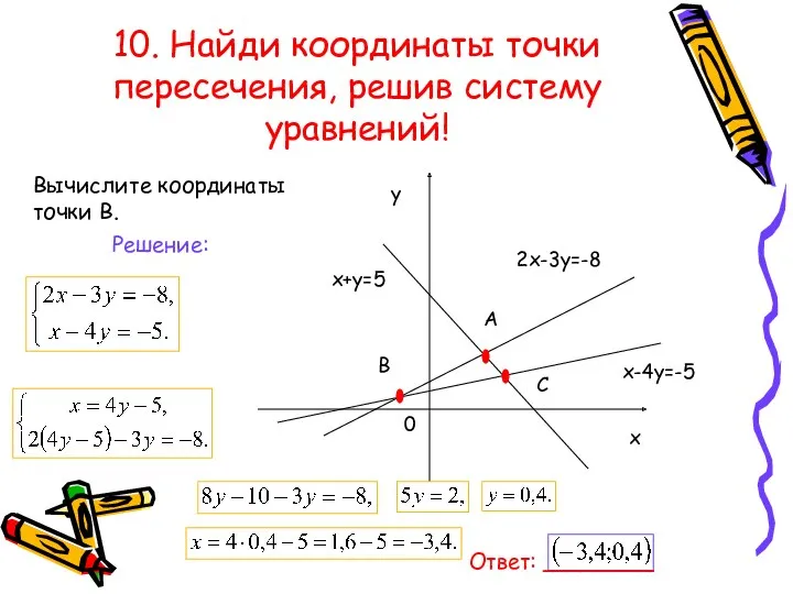 10. Найди координаты точки пересечения, решив систему уравнений! х у