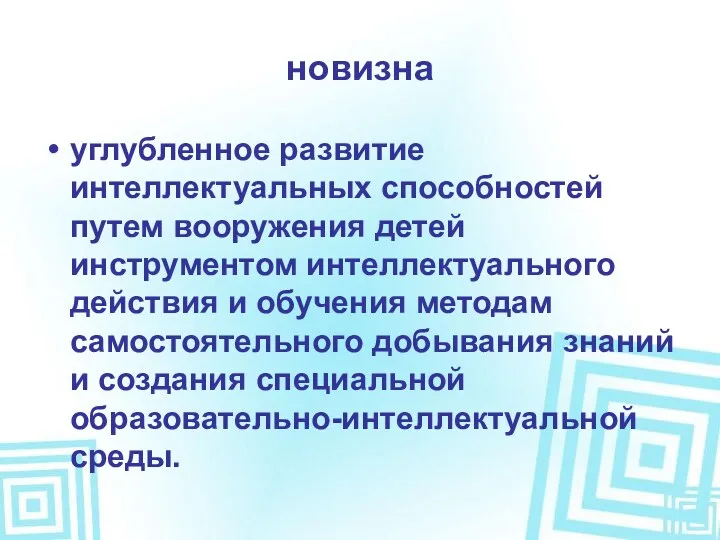 новизна углубленное развитие интеллектуальных способностей путем вооружения детей инструментом интеллектуального