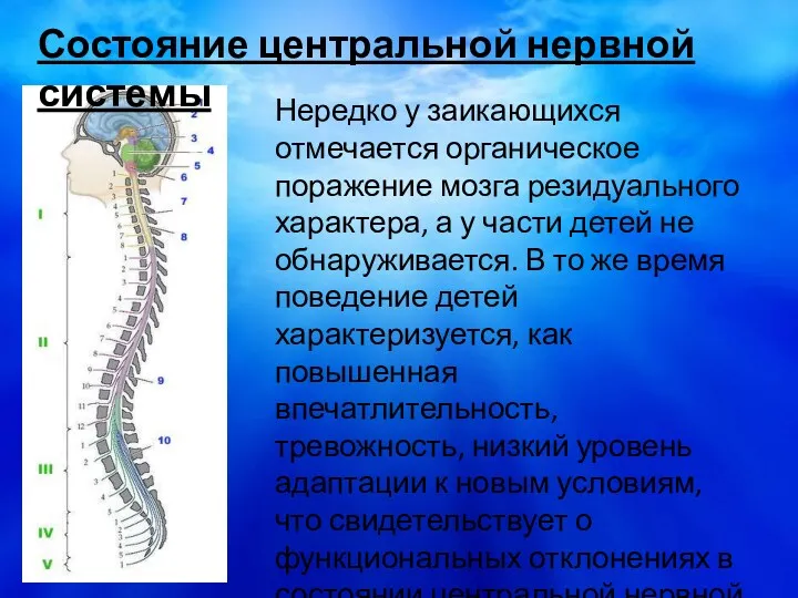 Состояние центральной нервной системы Нередко у заикающихся отмечается органическое поражение