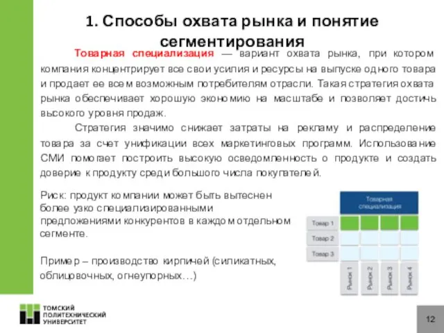 12 1. Способы охвата рынка и понятие сегментирования Товарная специализация