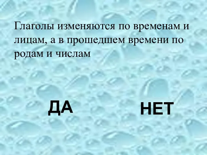 Глаголы изменяются по временам и лицам, а в прошедшем времени по родам и числам ДА НЕТ