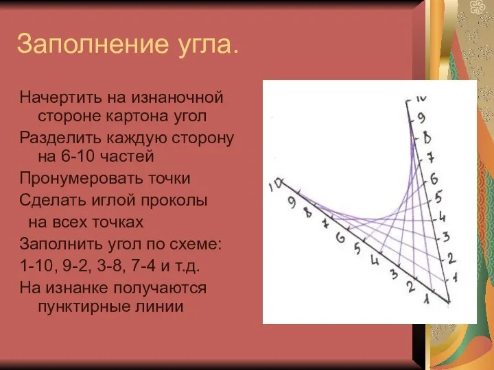 Заполнение угла. Начертить на изнаночной стороне картона угол Разделить каждую