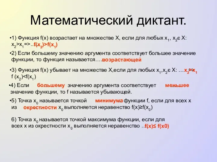 Математический диктант. 1) Функция f(x) возрастает на множестве X, если для любых x1,