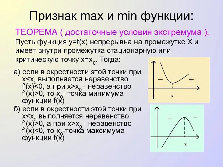 Признак max и min функции: а) если в окрестности этой точки при x