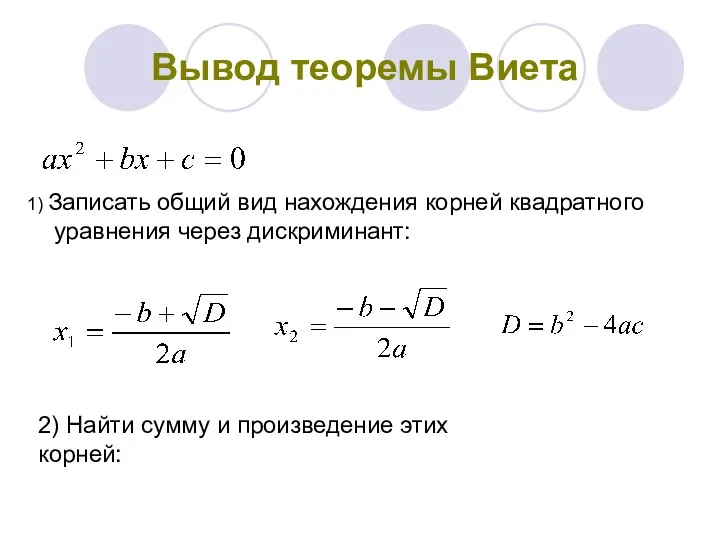 Вывод теоремы Виета 1) Записать общий вид нахождения корней квадратного уравнения через дискриминант: