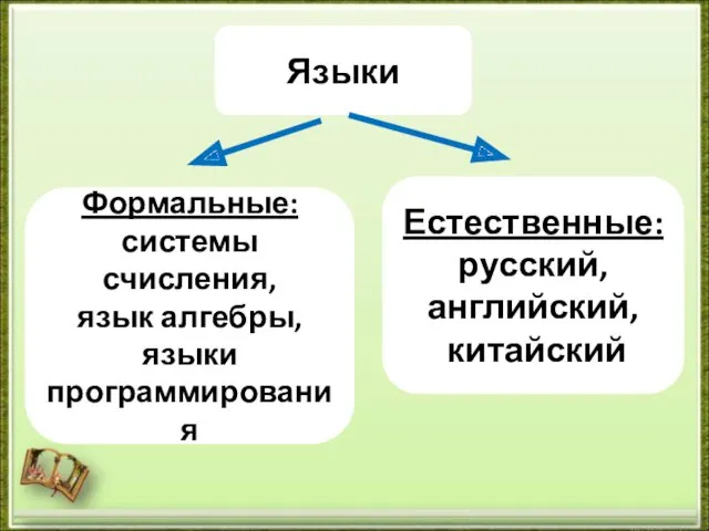 Языки Естественные: русский, английский, китайский Формальные: системы счисления, язык алгебры, языки программирования