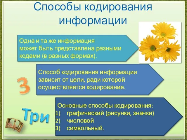 Способы кодирования информации Одна и та же информация может быть представлена разными кодами